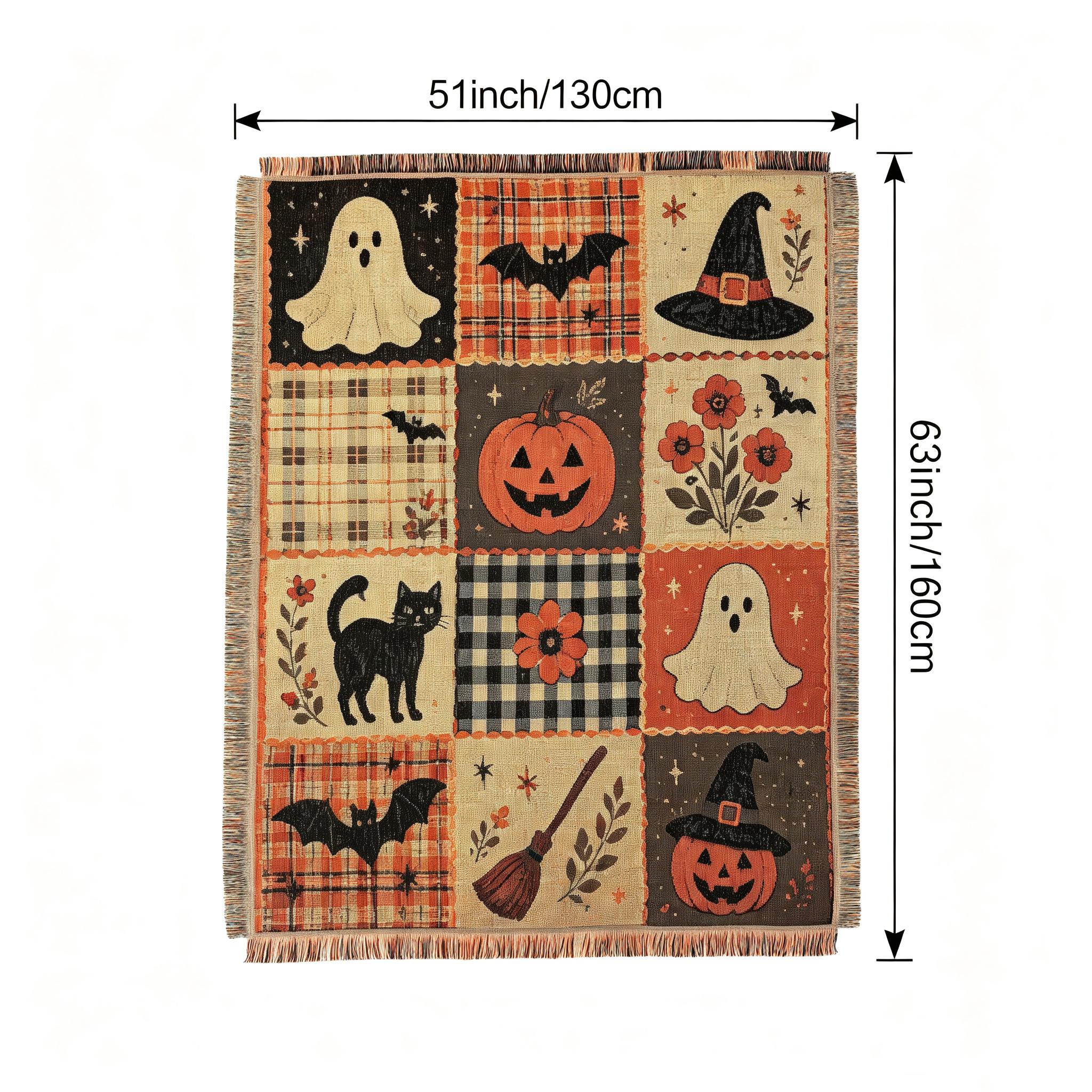 Halloween Patchwork Style Woven Blanket with Tassel Bed Blanket, Multi-Function Also for Sofa Cover Couch Throw Blanket Armchair Home Decor Room Wall Art Tapestry Furniture Slipcover Tablecloth Shawl Outdoor Picnic Camping Beach Towel Office Nap Hippie