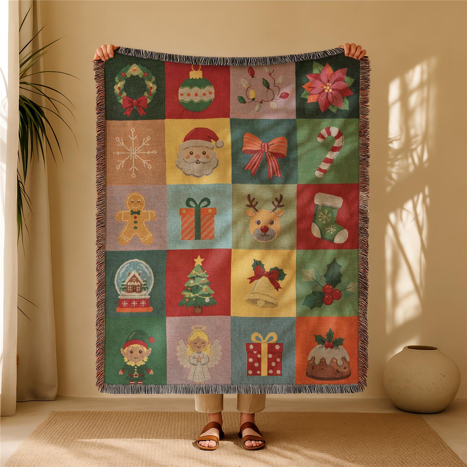 Halloween Patchwork Style Woven Blanket with Tassel Bed Blanket, Multi-Function Also for Sofa Cover Couch Throw Blanket Armchair Home Decor Room Wall Art Tapestry Furniture Slipcover Tablecloth Shawl Outdoor Picnic Camping Beach Towel Office Nap Hippie