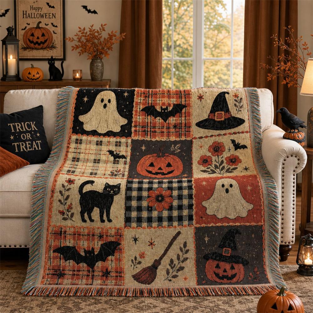 Halloween Patchwork Style Woven Blanket with Tassel Bed Blanket, Multi-Function Also for Sofa Cover Couch Throw Blanket Armchair Home Decor Room Wall Art Tapestry Furniture Slipcover Tablecloth Shawl Outdoor Picnic Camping Beach Towel Office Nap Hippie