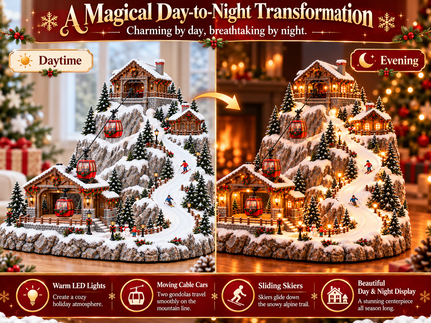 Christmas ski village day and night comparison