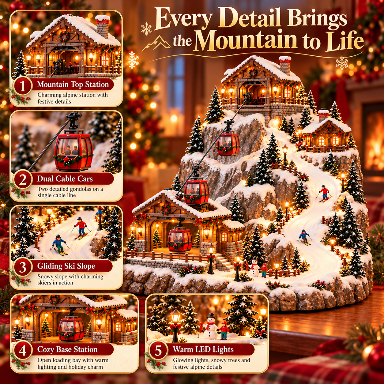 Animated Christmas Mountain village detail features