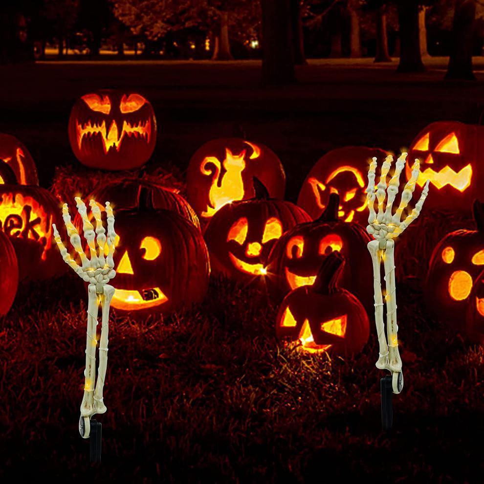 2-Pack Resin Solar-Powered LED Skeleton Arm Ground Stake Lights