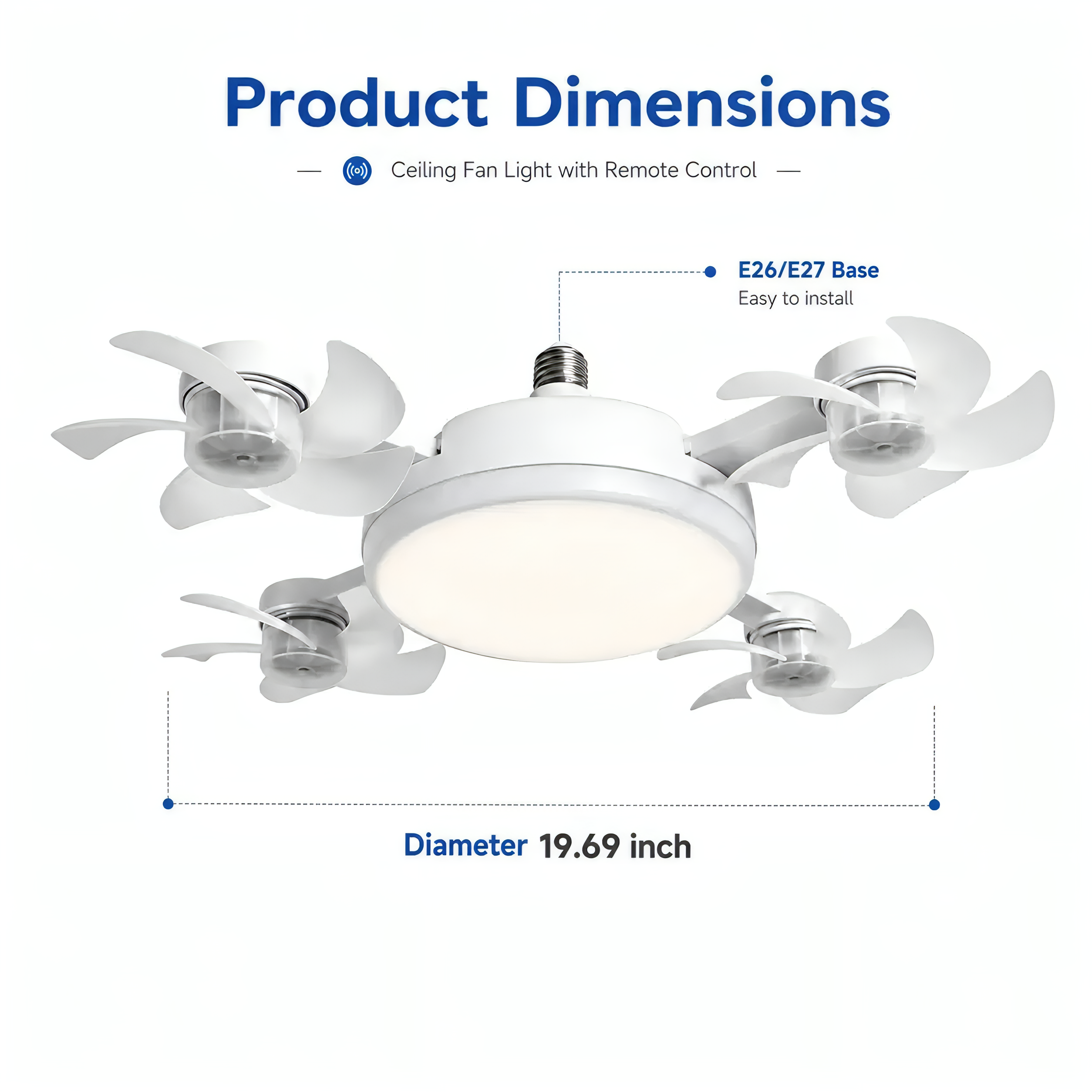 19.69" Retractable Ceiling Fan Light with Remote | E26/E27 Screw-in LED Fan Lamp, 4 Foldable Fan Heads, Quiet Ventilation & Bright Lighting