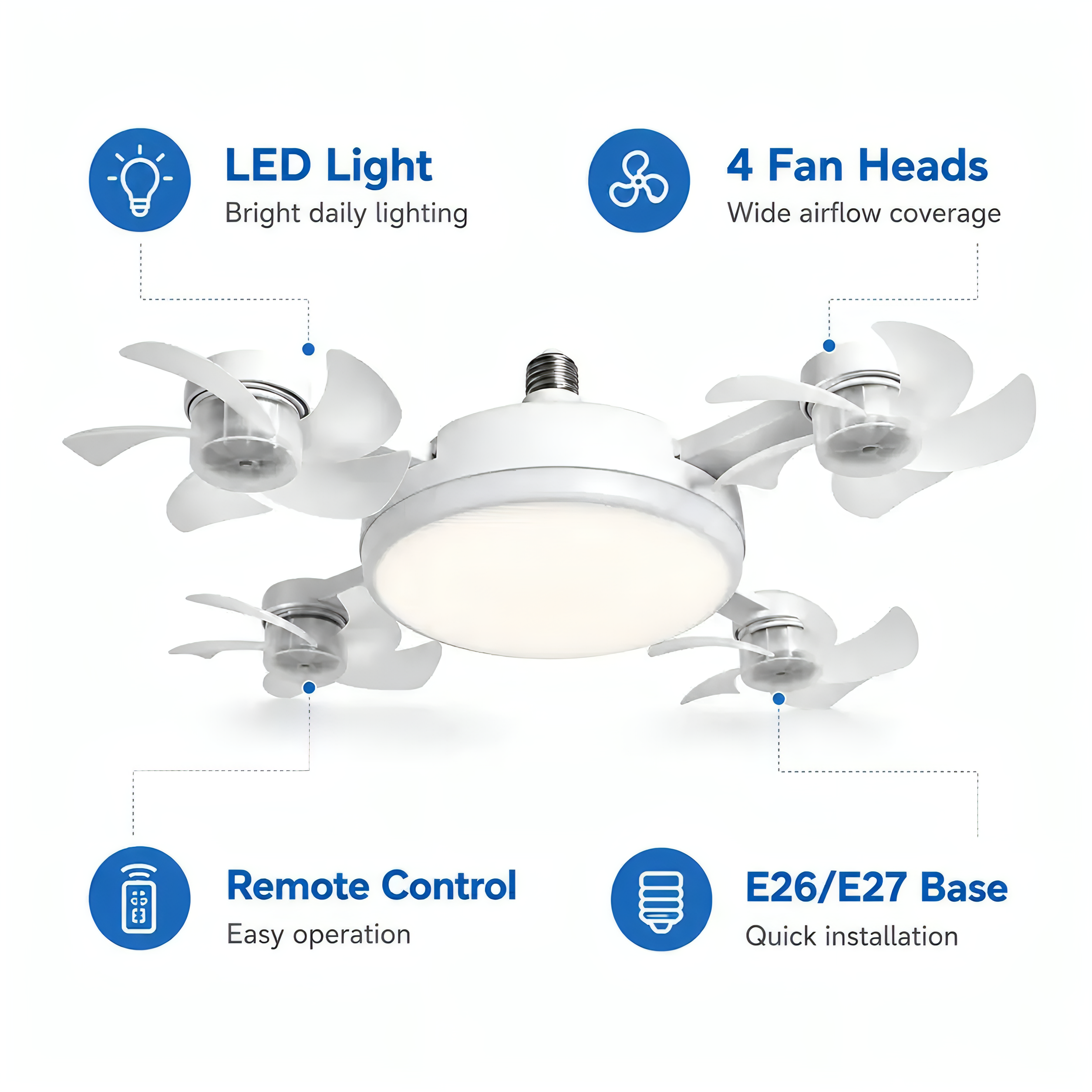 19.69" Retractable Ceiling Fan Light with Remote | E26/E27 Screw-in LED Fan Lamp, 4 Foldable Fan Heads, Quiet Ventilation & Bright Lighting