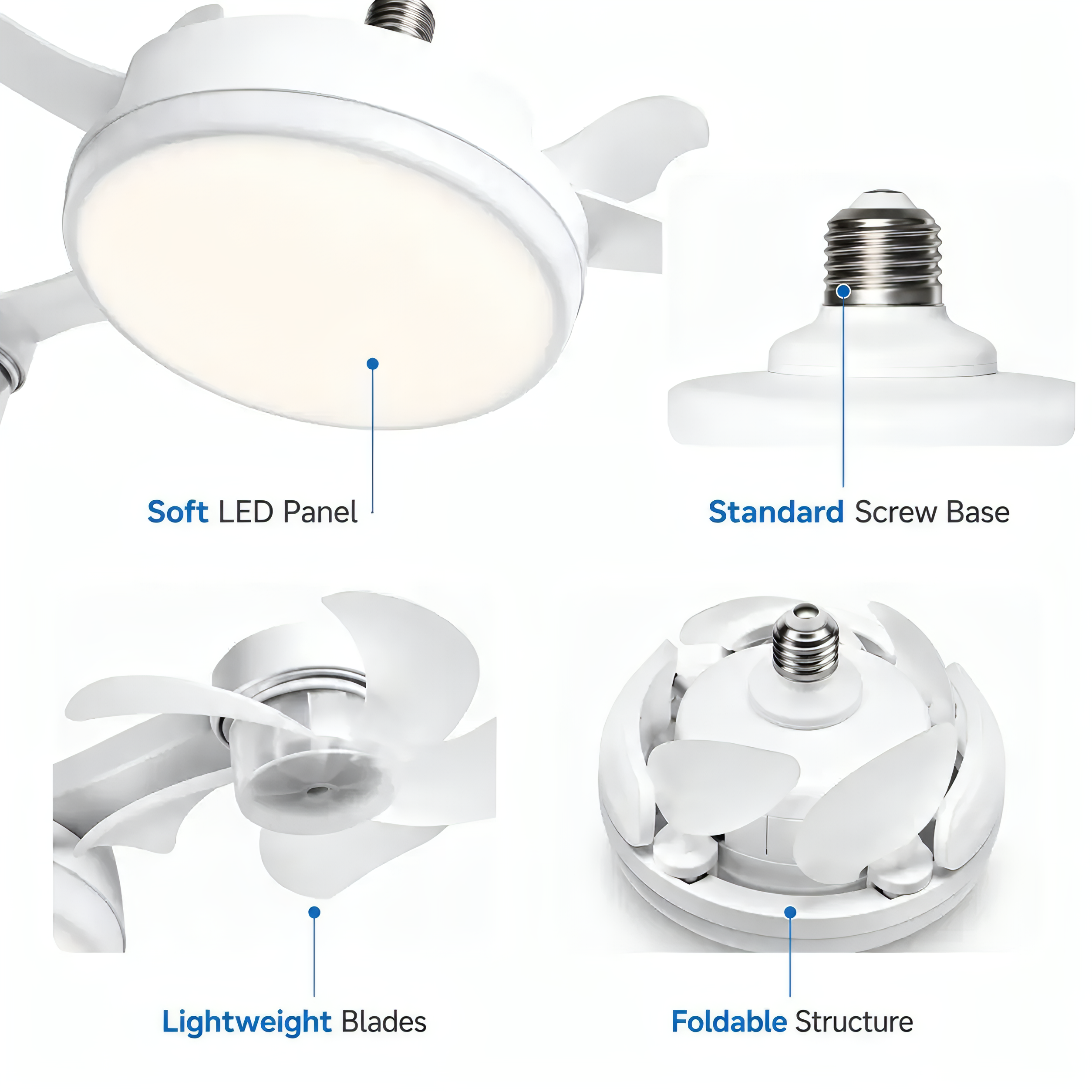 19.69" Retractable Ceiling Fan Light with Remote | E26/E27 Screw-in LED Fan Lamp, 4 Foldable Fan Heads, Quiet Ventilation & Bright Lighting