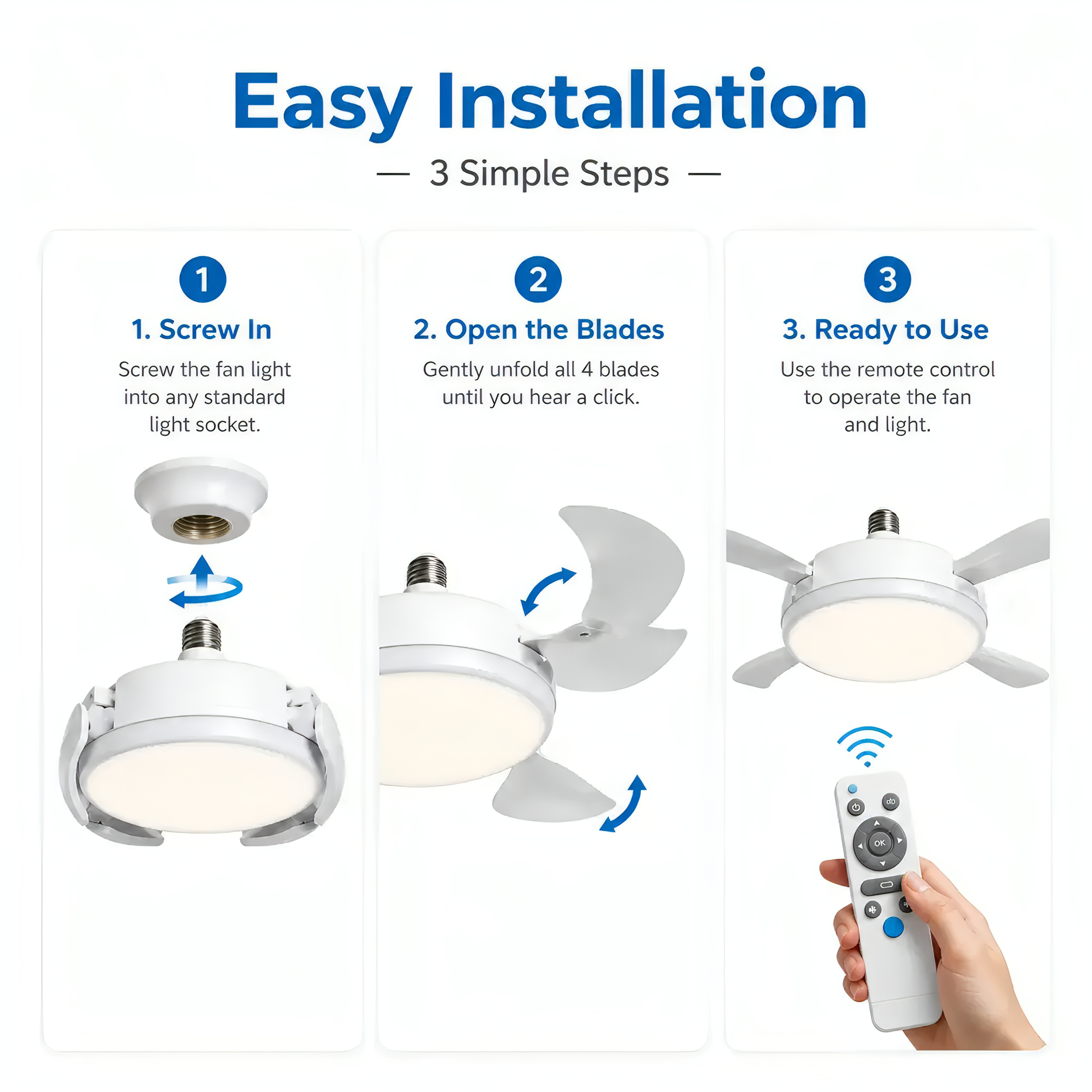19.69" Retractable Ceiling Fan Light with Remote | E26/E27 Screw-in LED Fan Lamp, 4 Foldable Fan Heads, Quiet Ventilation & Bright Lighting