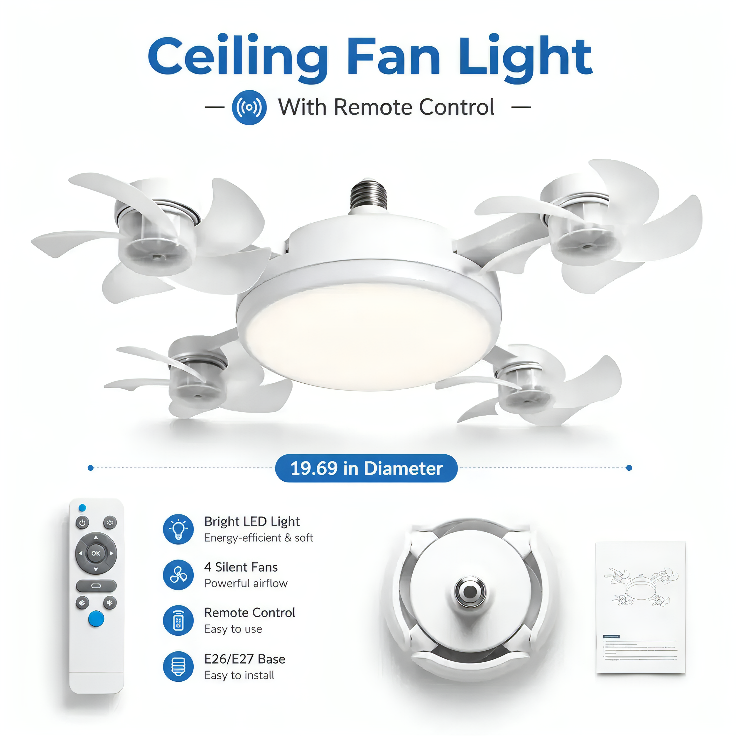 19.69" Retractable Ceiling Fan Light with Remote | E26/E27 Screw-in LED Fan Lamp, 4 Foldable Fan Heads, Quiet Ventilation & Bright Lighting