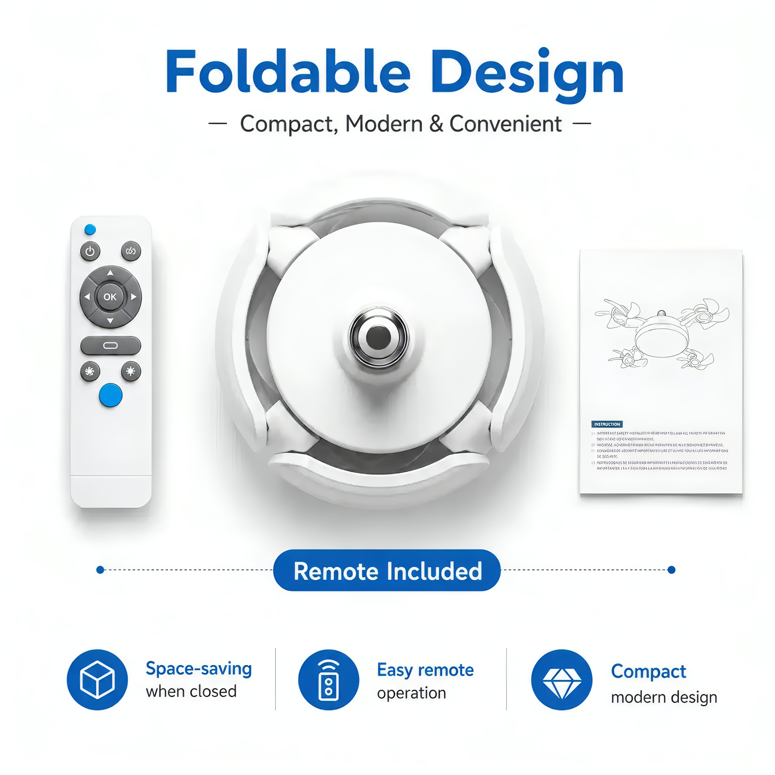 19.69" Retractable Ceiling Fan Light with Remote | E26/E27 Screw-in LED Fan Lamp, 4 Foldable Fan Heads, Quiet Ventilation & Bright Lighting