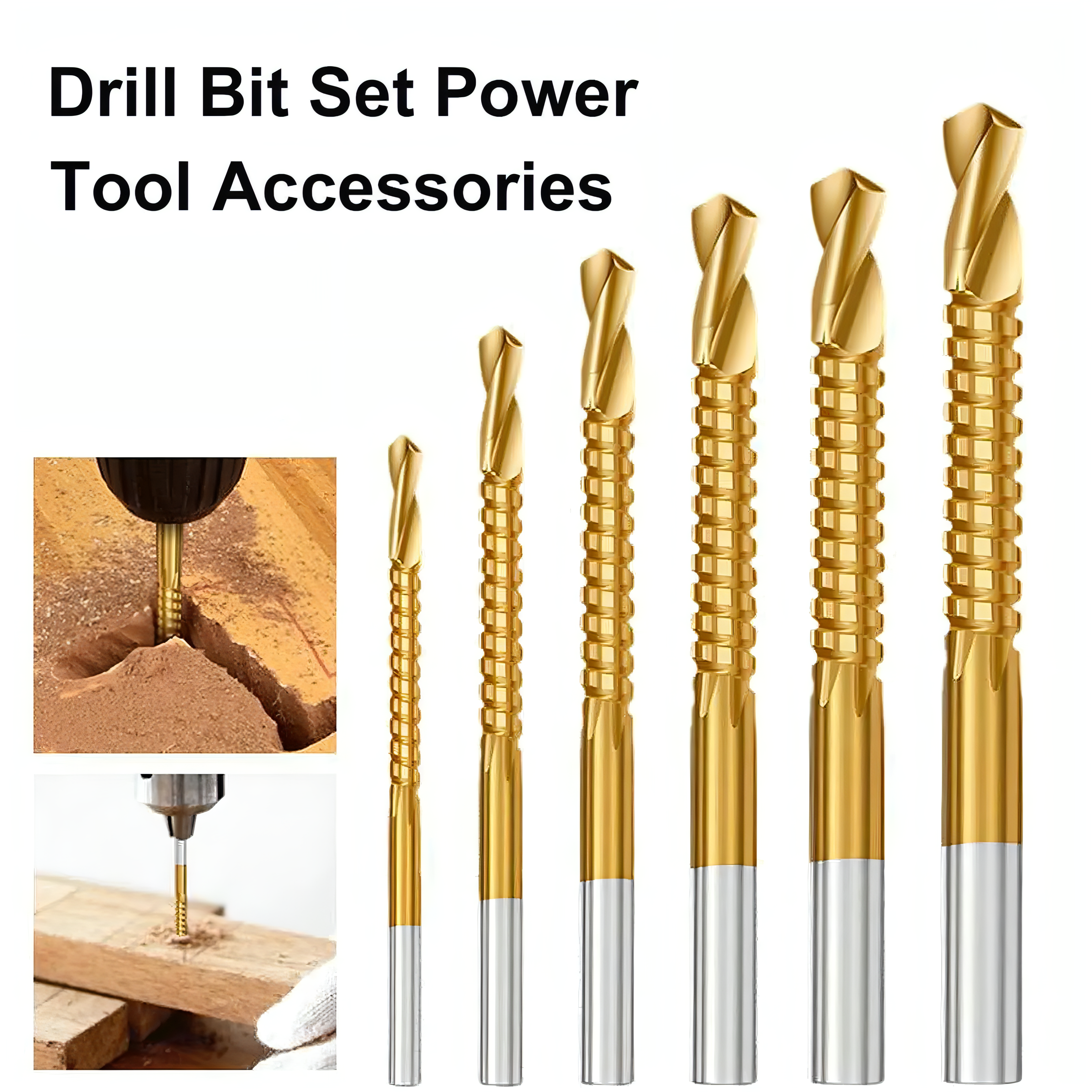 Drill Bit Set, Twist Drill Bits, Power Tool Accessories, 6Pcs Titanium Coated Carbon Steel Drill Bit Kit, 135° Split Point Straight Shank Anti-Walk Drilling Tools, Fully Ground Heat Resistant Bits