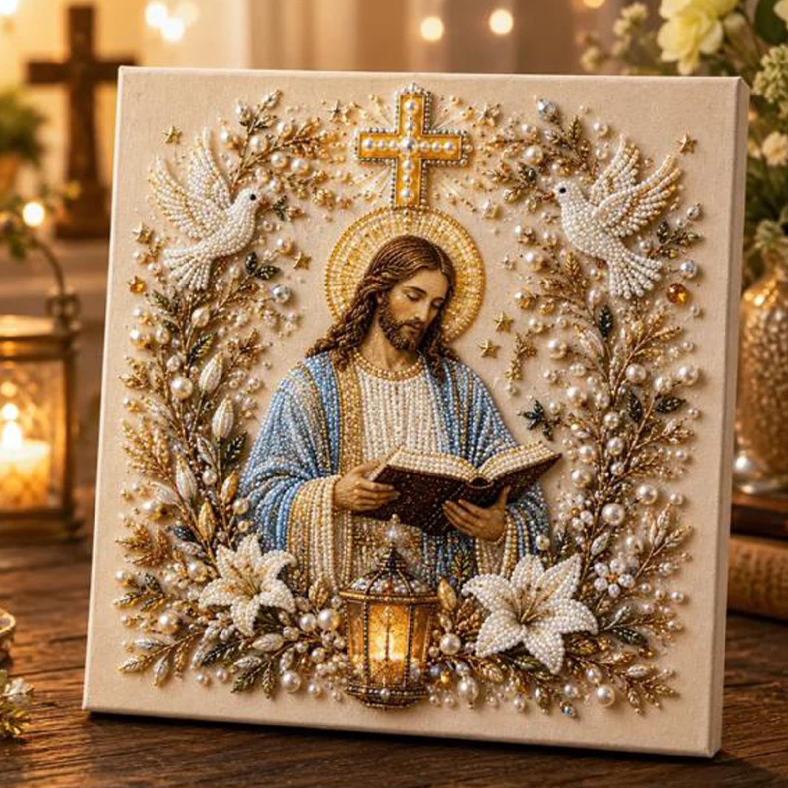DIY Jesus Pearl Art Kit, 5D Special Shape Diamond Painting for Adults, Religious Wall Art Frame, Christian Mosaic Craft Kit, Christ Pearl Gem Painting Crafts 10X10 Inch (Nativity of Jesus)