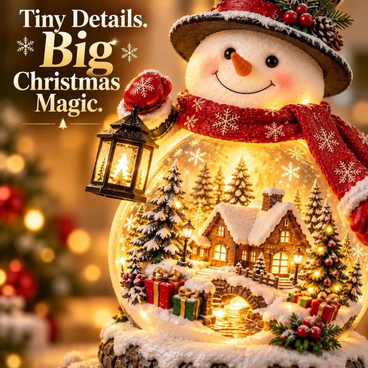 Close-up of the miniature Christmas village inside the snowman