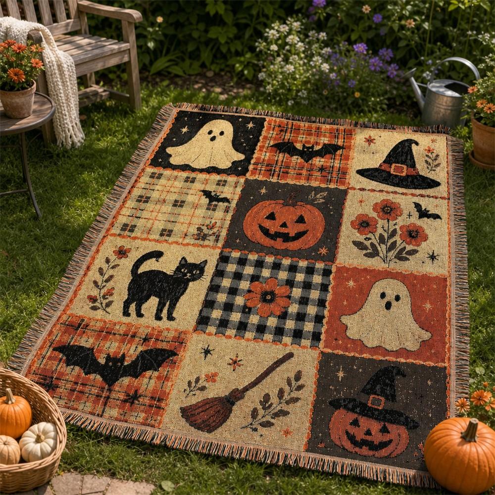 Halloween Patchwork Style Woven Blanket with Tassel Bed Blanket, Multi-Function Also for Sofa Cover Couch Throw Blanket Armchair Home Decor Room Wall Art Tapestry Furniture Slipcover Tablecloth Shawl Outdoor Picnic Camping Beach Towel Office Nap Hippie