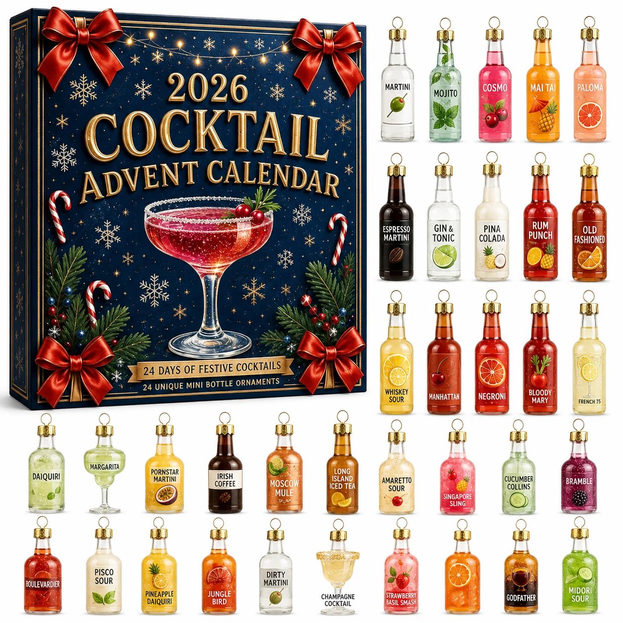 50% OFF | Mystery Box🍸 2026 Cocktail Advent Calendar – 24 Mini Cocktail Bottle Ornaments Blind Box 🎄