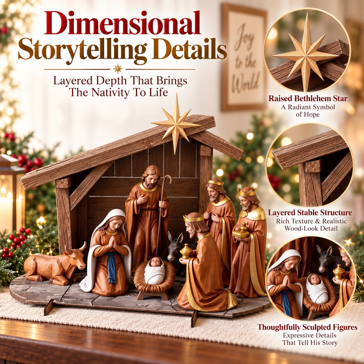 Detailed Christmas tabletop scene with sculpted figures