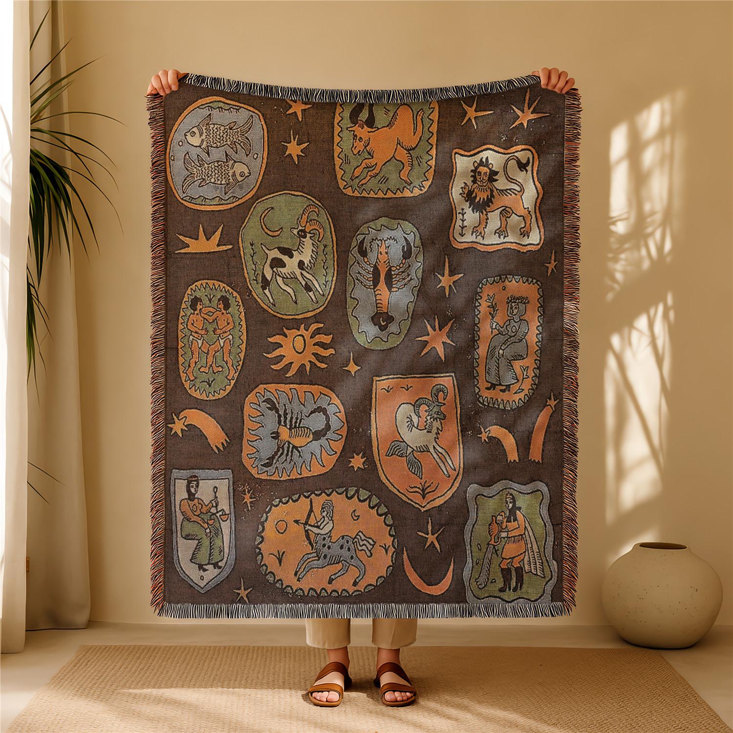 Halloween Patchwork Style Woven Blanket with Tassel Bed Blanket, Multi-Function Also for Sofa Cover Couch Throw Blanket Armchair Home Decor Room Wall Art Tapestry Furniture Slipcover Tablecloth Shawl Outdoor Picnic Camping Beach Towel Office Nap Hippie