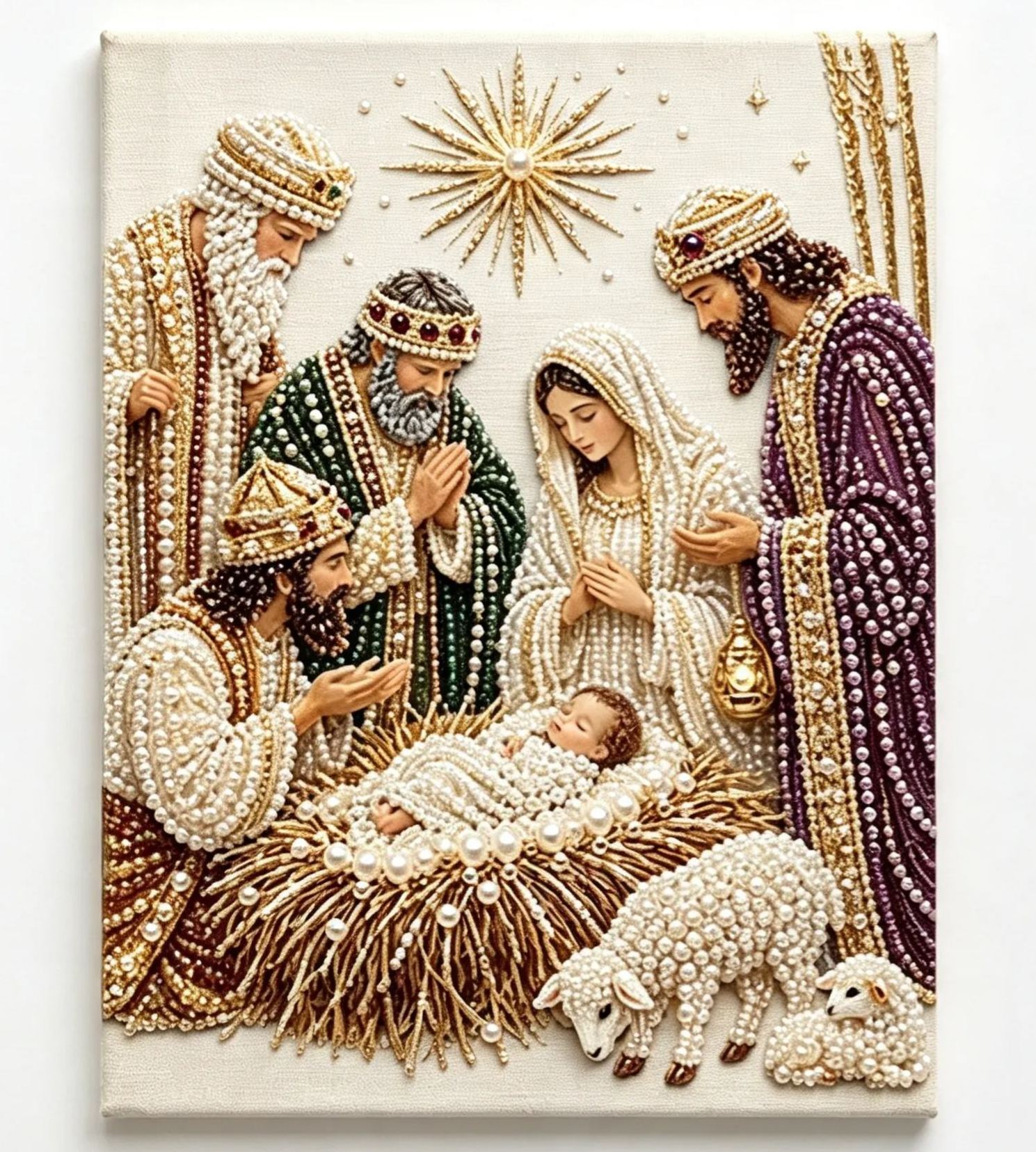 DIY Pearl Diamond Painting Kit | Holy Family Nativity Jesus Virgin Mary Religious Wall Art, 5D Special Shape Crystal Pearl Gem Mosaic Craft, Framed Christian Religious Diamond Art Kit for Home Decor Gift