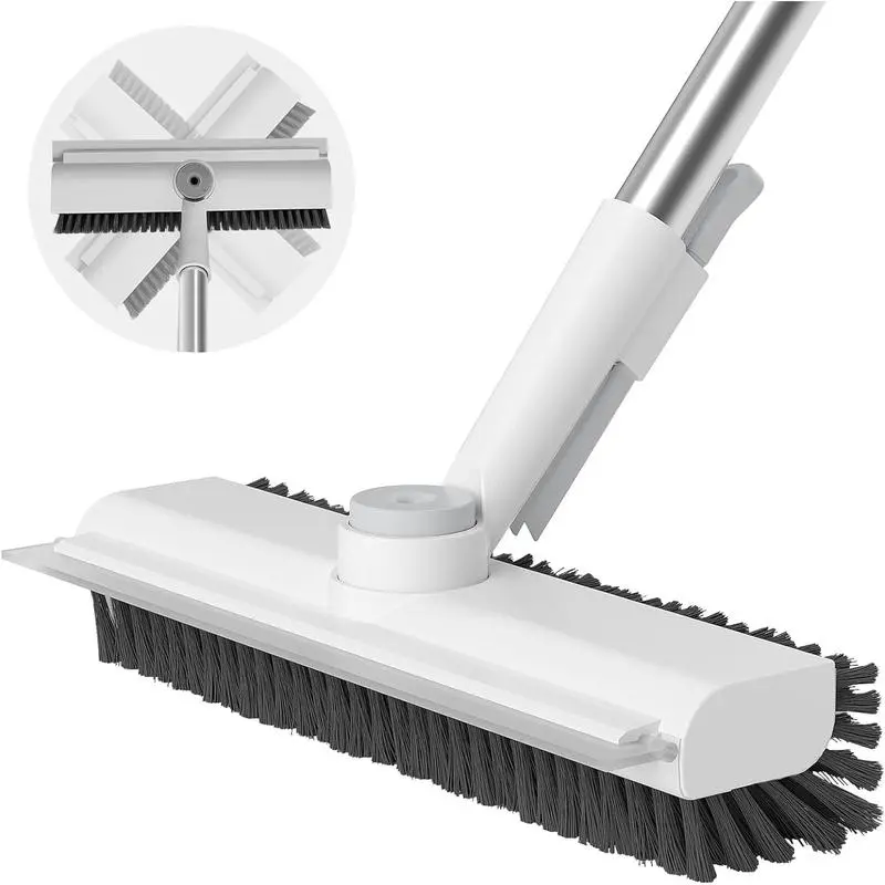 3-in-1 Adjustable Long Handle Floor Brush,Stiff Bristles and Silicone Squeegee, 360° Rotating & Click-Lock, 4 Rods for 3 Lengths, 45° No-Bend Ergonomic Design,for Bathroom, Glass, Garage, Kitchen & Pool