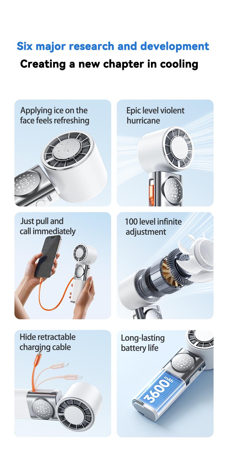 SWEETFULL 7-in-1 Portable Cooling Fan with Emergency Phone Charger Power Bank,Summer Fan(Type-c), Ion Cooling Technology, 100 Speed Turbo Fan with LCD Display, Rechargeable Handheld Fan with Neck Strap for Outdoor Camping Travel Sports