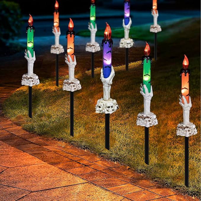 Twfbrm Halloween Candle Light, Halloween Decorations Flameless Taper Candle with Skeleton Hand Holder, Battery Operated LED Flickering Candles Dripping Wax Effect Pillar Candles for Party Wedding