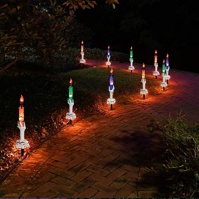 Twfbrm Halloween Candle Light, Halloween Decorations Flameless Taper Candle with Skeleton Hand Holder, Battery Operated LED Flickering Candles Dripping Wax Effect Pillar Candles for Party Wedding