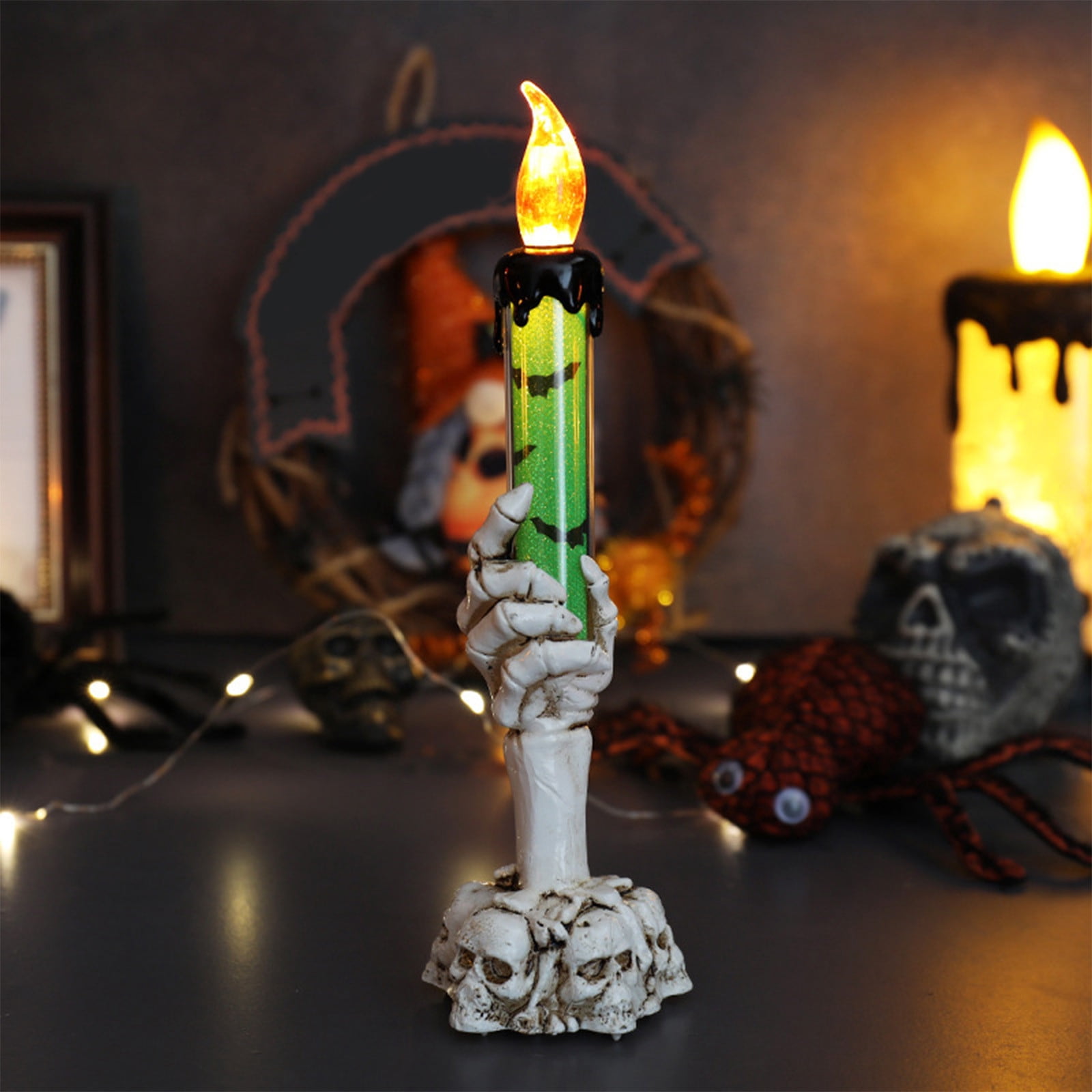 Twfbrm Halloween Candle Light, Halloween Decorations Flameless Taper Candle with Skeleton Hand Holder, Battery Operated LED Flickering Candles Dripping Wax Effect Pillar Candles for Party Wedding