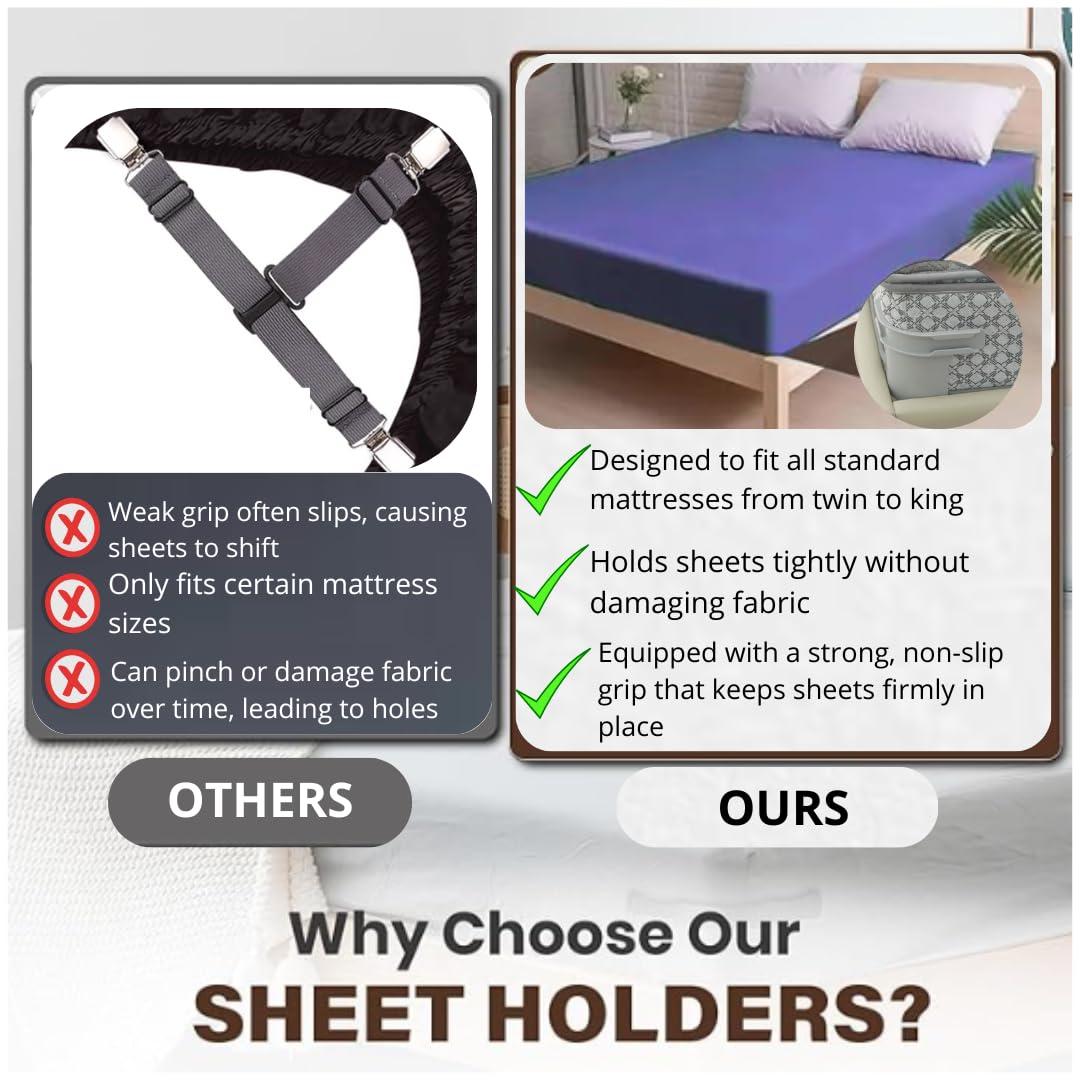 4pc Bed Sheet Holder Strips - Secure Fit for Mattress, No More Slipping or Wrinkles - Adjustable Elastic Straps with Strong Grip for All Bed Sizes