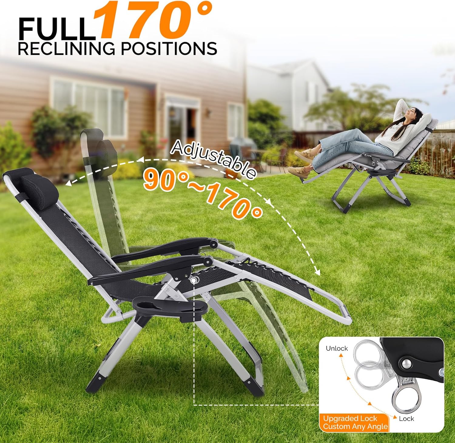 【Deals for You Days】Zero Gravity Reclining Chair - 440LB Capacity with Cup Holder & Removable Cushion, Lockable 90-170&deg; Adjustable for Patio/Camping/Indoor Foldable & Portable