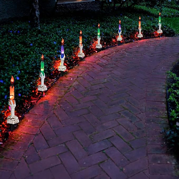 Twfbrm Halloween Candle Light, Halloween Decorations Flameless Taper Candle with Skeleton Hand Holder, Battery Operated LED Flickering Candles Dripping Wax Effect Pillar Candles for Party Wedding