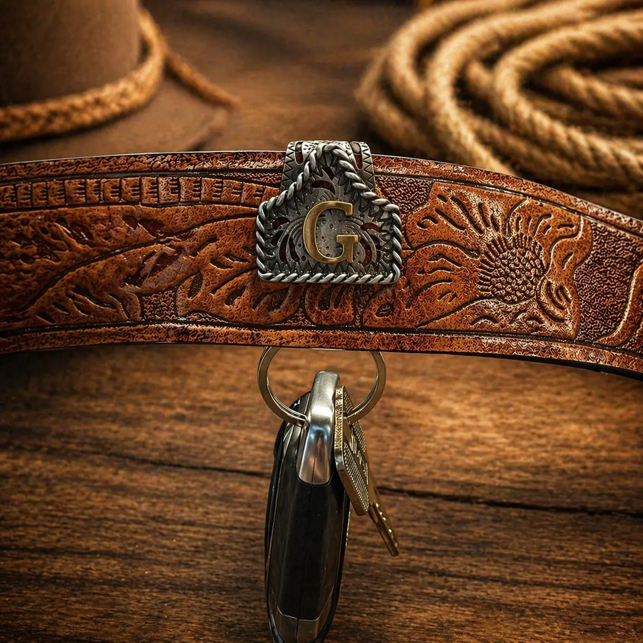 Handmade Cow Tag Belt Key Holder with Copper Initial