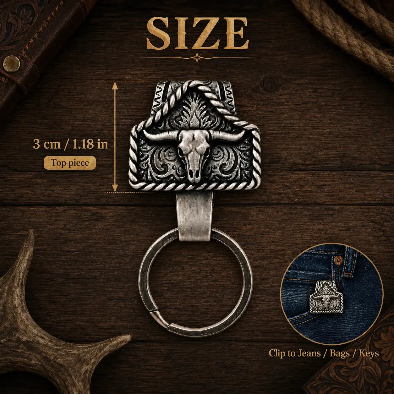 Handmade Cow Tag Belt Key Holder with Copper Initial