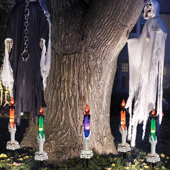 Twfbrm Halloween Candle Light, Halloween Decorations Flameless Taper Candle with Skeleton Hand Holder, Battery Operated LED Flickering Candles Dripping Wax Effect Pillar Candles for Party Wedding