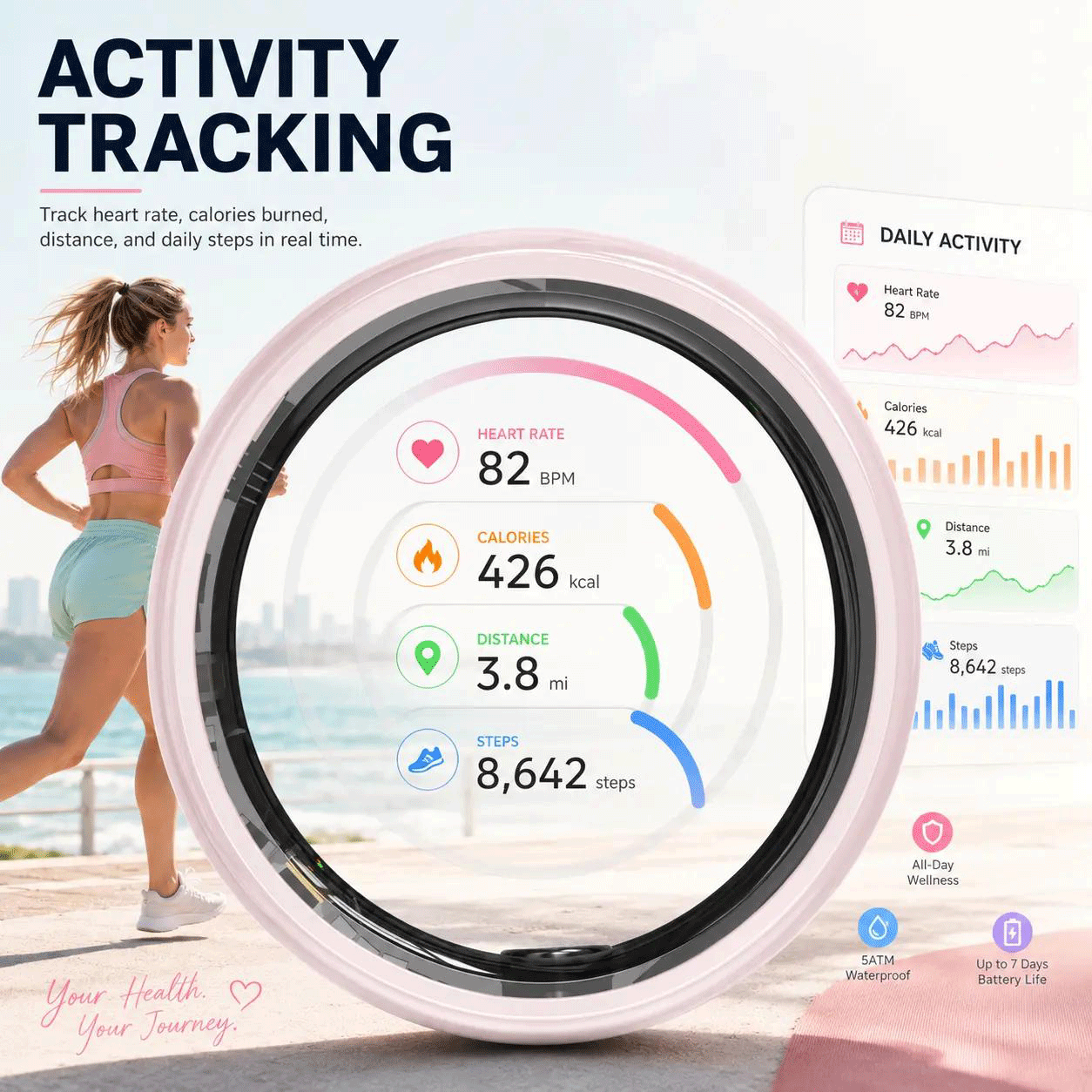  Pink Ceramic Smart Ring for Women, Fitness & Sleep Tracker, Heart Rate & Stress Monitor, Cycle Tracking, IP68 Waterproof, 3–5 Day Battery, iOS & Android, Charging Case#Summervibes#SummerWins#DealsForYouDays