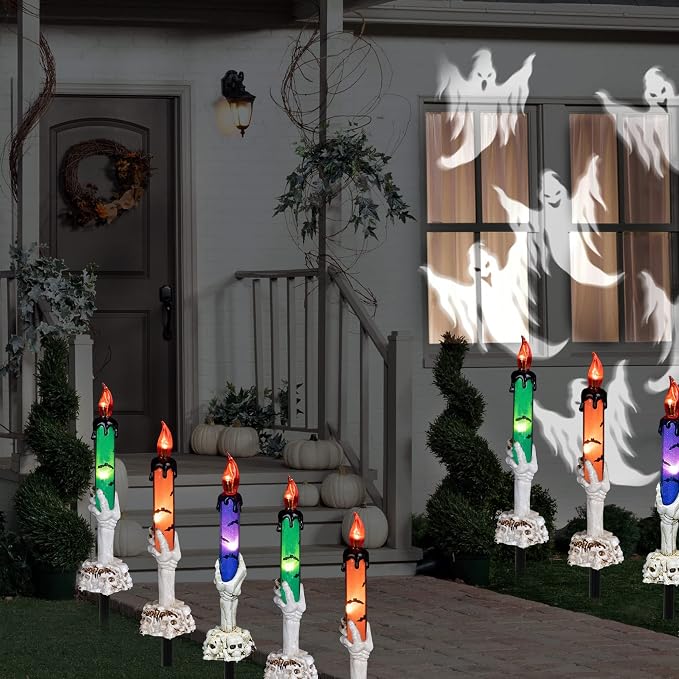 Twfbrm Halloween Candle Light, Halloween Decorations Flameless Taper Candle with Skeleton Hand Holder, Battery Operated LED Flickering Candles Dripping Wax Effect Pillar Candles for Party Wedding