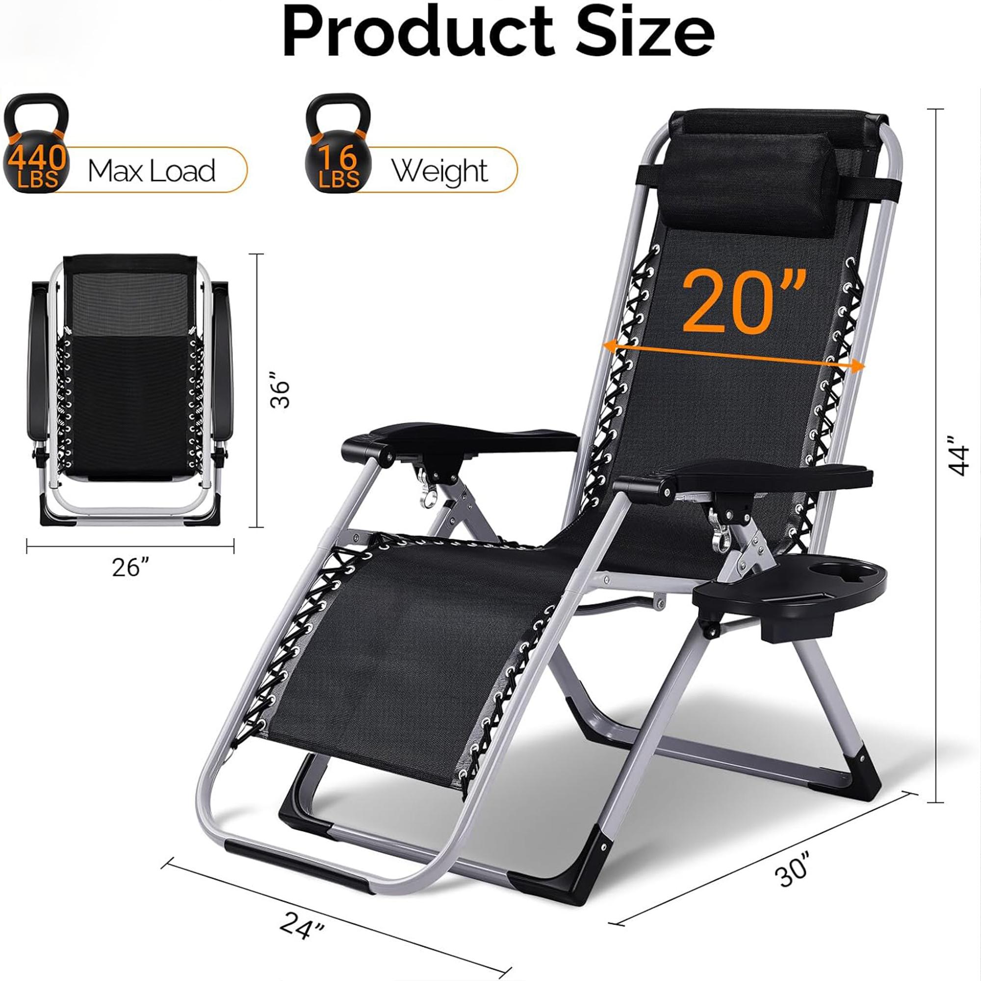 【Deals for You Days】Zero Gravity Reclining Chair - 440LB Capacity with Cup Holder & Removable Cushion, Lockable 90-170&deg; Adjustable for Patio/Camping/Indoor Foldable & Portable