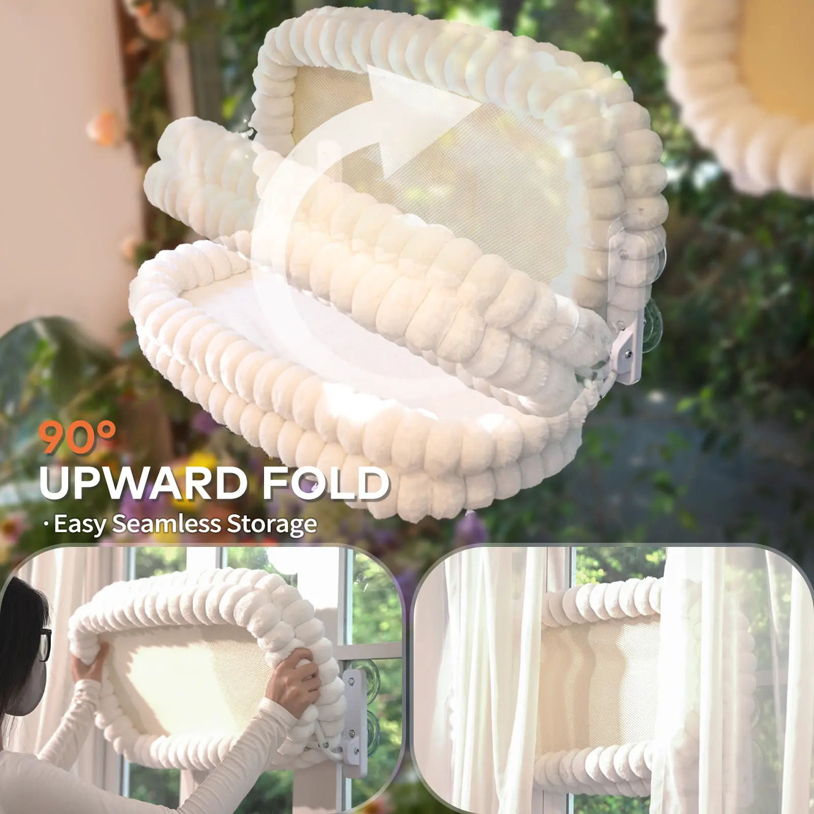 Folding Cat Hammock for Window - Cordless & Washable