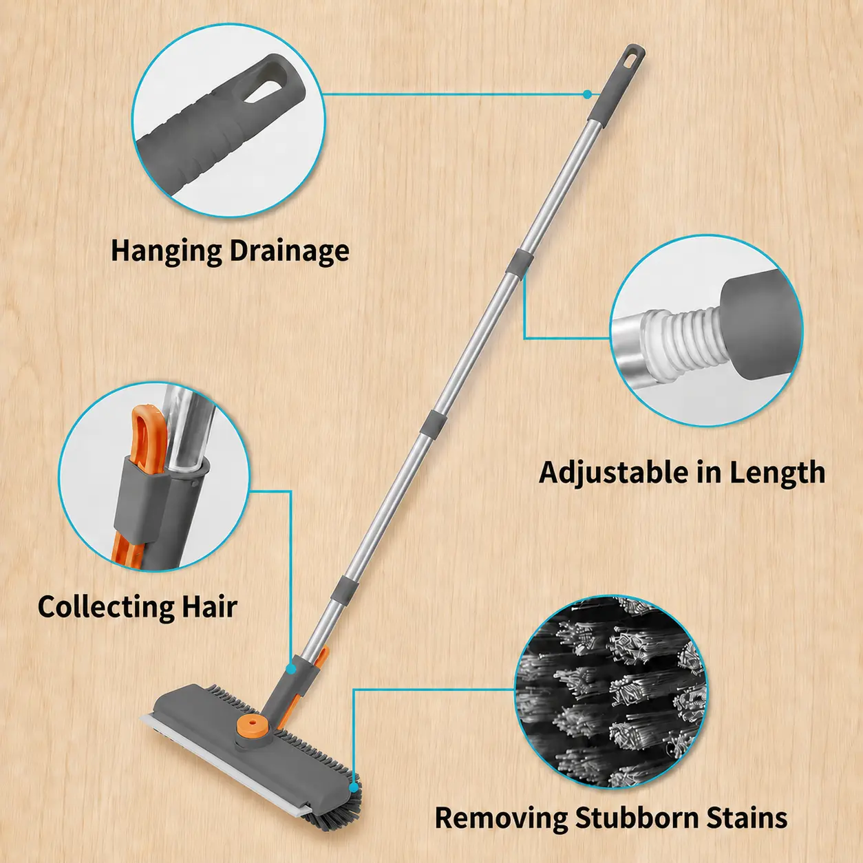3-in-1 Adjustable Long Handle Floor Brush,Stiff Bristles and Silicone Squeegee, 360° Rotating & Click-Lock, 4 Rods for 3 Lengths, 45° No-Bend Ergonomic Design,for Bathroom, Glass, Garage, Kitchen & Pool