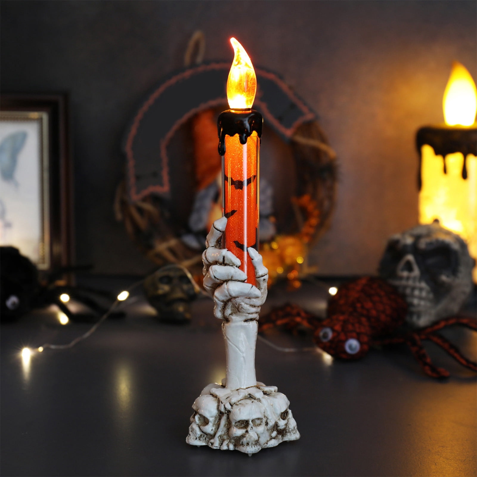 Twfbrm Halloween Candle Light, Halloween Decorations Flameless Taper Candle with Skeleton Hand Holder, Battery Operated LED Flickering Candles Dripping Wax Effect Pillar Candles for Party Wedding