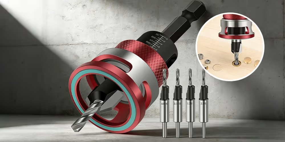 Tool 82 Degree Countersink with Adjustable Low Friction Drill Bit Depth Stop, 55293, 3/8 D x 7/64 Drill D x 1/4 Inch Quick Release Hex Shank
