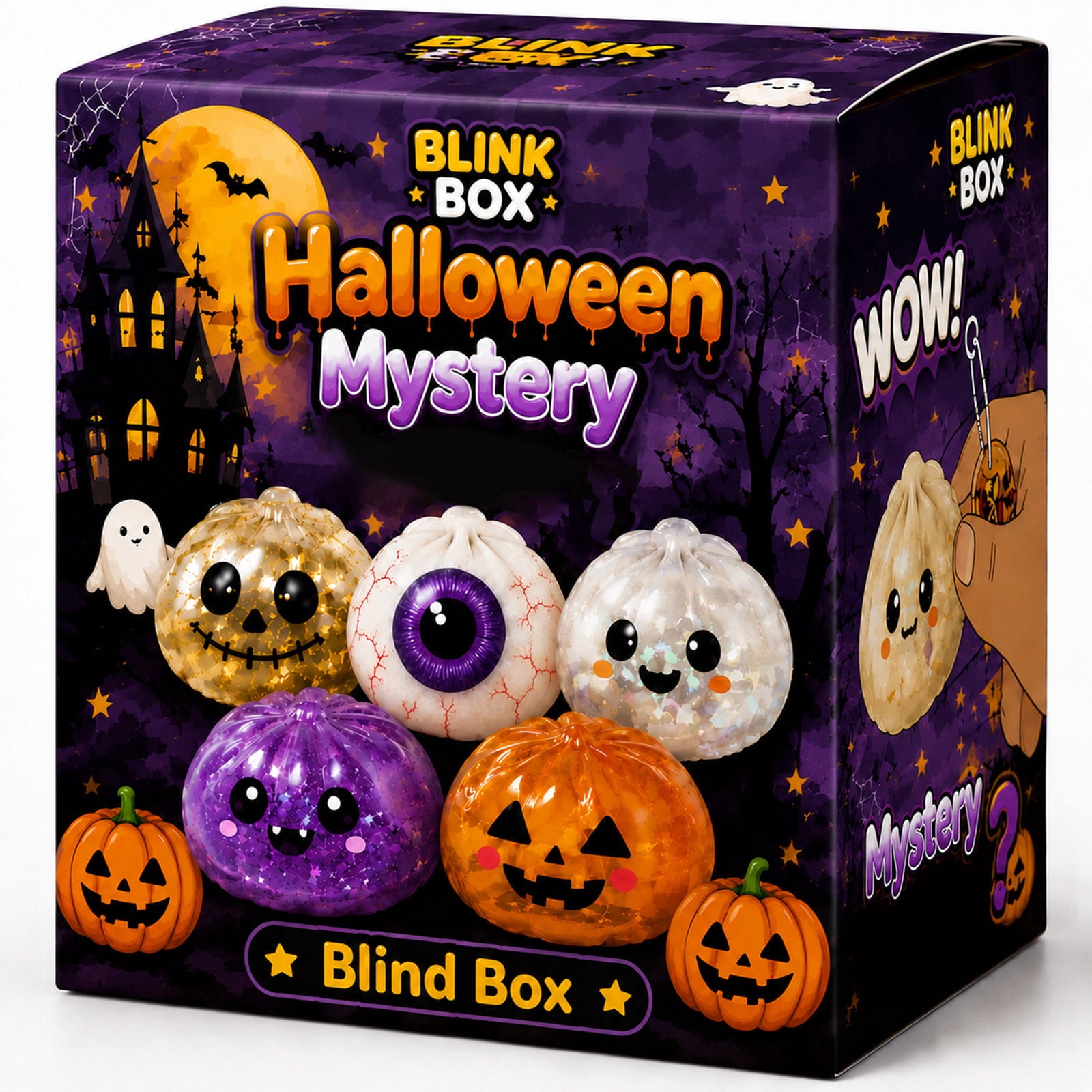Random Glitter Halloween Squishy Dumpling Surprise Box, 4 Inch Spooky Stress Ball Squishy Bun, Mystery Gift for Party Favors & Rewards