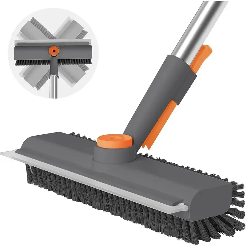 3-in-1 Adjustable Long Handle Floor Brush,Stiff Bristles and Silicone Squeegee, 360° Rotating & Click-Lock, 4 Rods for 3 Lengths, 45° No-Bend Ergonomic Design,for Bathroom, Glass, Garage, Kitchen & Pool