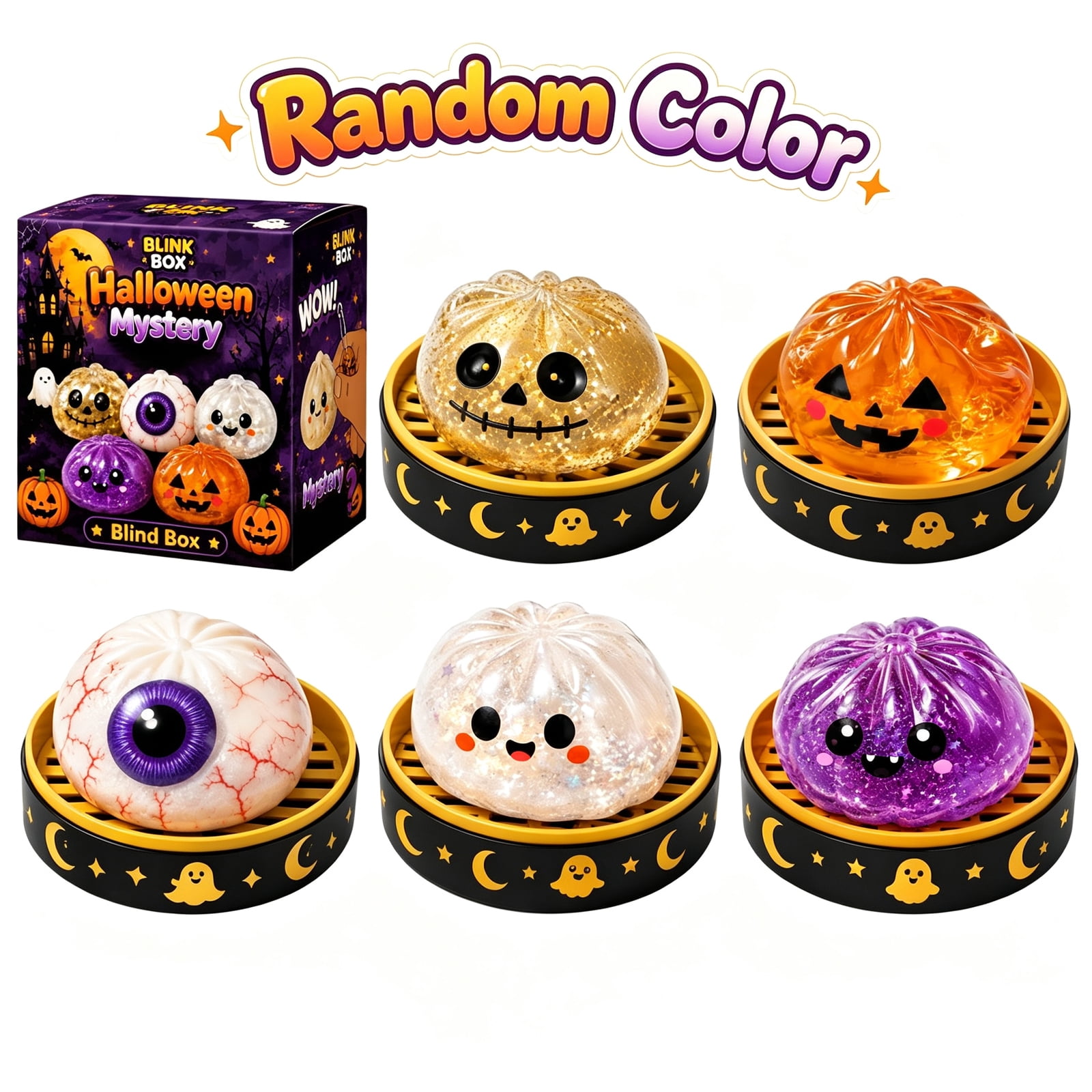 Random Glitter Halloween Squishy Dumpling Surprise Box, 4 Inch Spooky Stress Ball Squishy Bun, Mystery Gift for Party Favors & Rewards