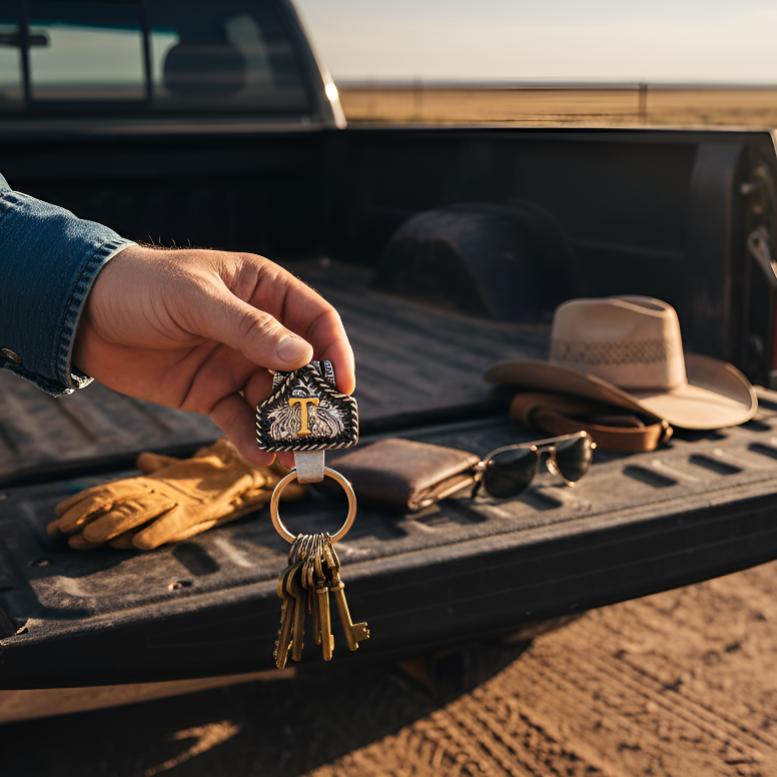 Handmade Cow Tag Belt Key Holder with Copper Initial – Custom Western Keychain for Men & Women, Texas-Inspired Cowboy Keychain, Fashion Accessory for Bags, Keys & Gifts