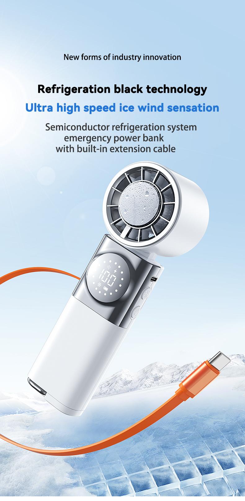 SWEETFULL 7-in-1 Portable Cooling Fan with Emergency Phone Charger Power Bank,Summer Fan(Type-c), Ion Cooling Technology, 100 Speed Turbo Fan with LCD Display, Rechargeable Handheld Fan with Neck Strap for Outdoor Camping Travel Sports