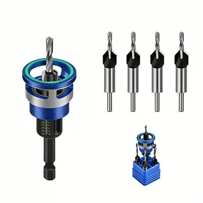 Tool 82 Degree Countersink with Adjustable Low Friction Drill Bit Depth Stop, 55293, 3/8 D x 7/64 Drill D x 1/4 Inch Quick Release Hex Shank