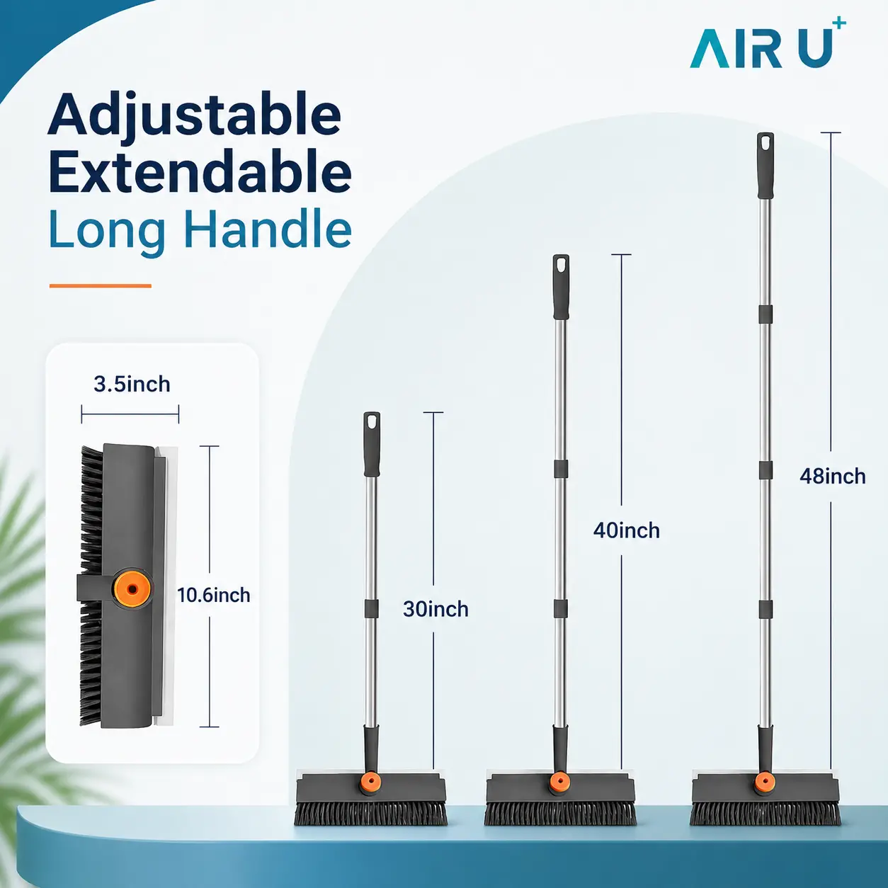 3-in-1 Adjustable Long Handle Floor Brush,Stiff Bristles and Silicone Squeegee, 360° Rotating & Click-Lock, 4 Rods for 3 Lengths, 45° No-Bend Ergonomic Design,for Bathroom, Glass, Garage, Kitchen & Pool