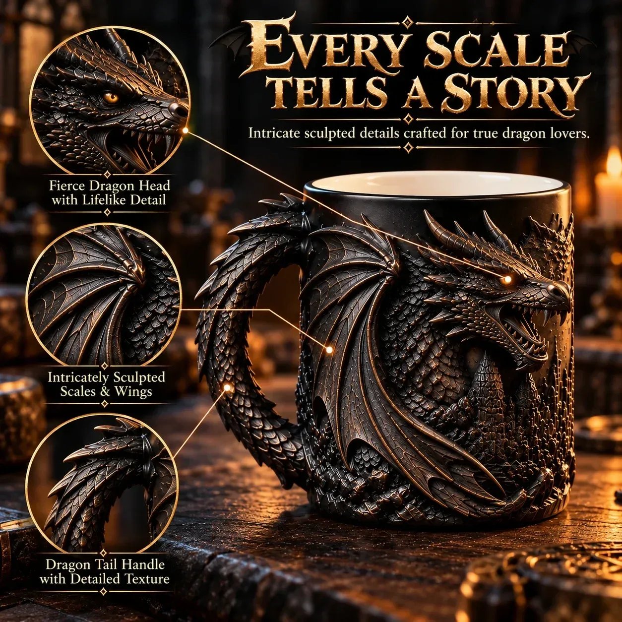 Dragon Mug sculpted details scales wings and tail handle