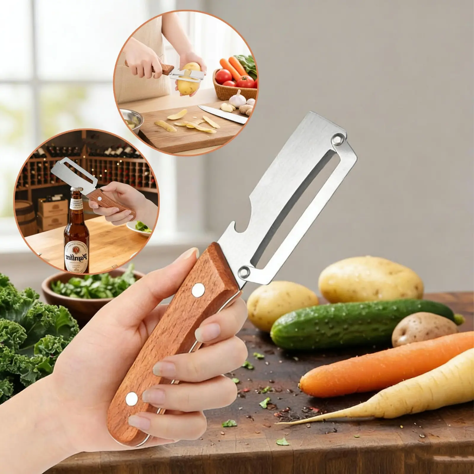 Premium-Grade Fruit & Vegetable Peeler|   Sharp Stainless Steel Blade, Ergonomic Wooden Handle + Built-in Bottle Opener – Ideal for Daily Kitchen Use