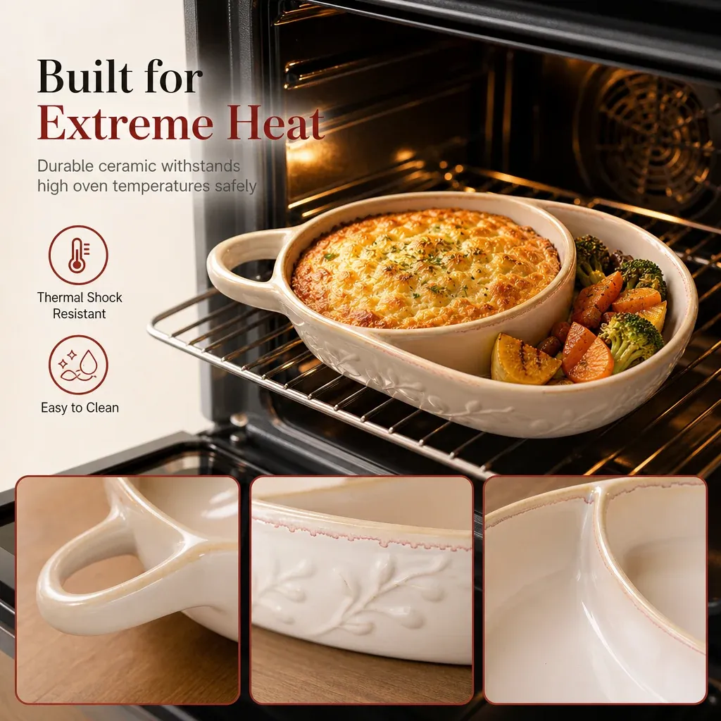 🖤🔥 Black Friday Hot Sale! 🍽️ Retro Ceramic Divided Baking Dish with Single Handle ✨