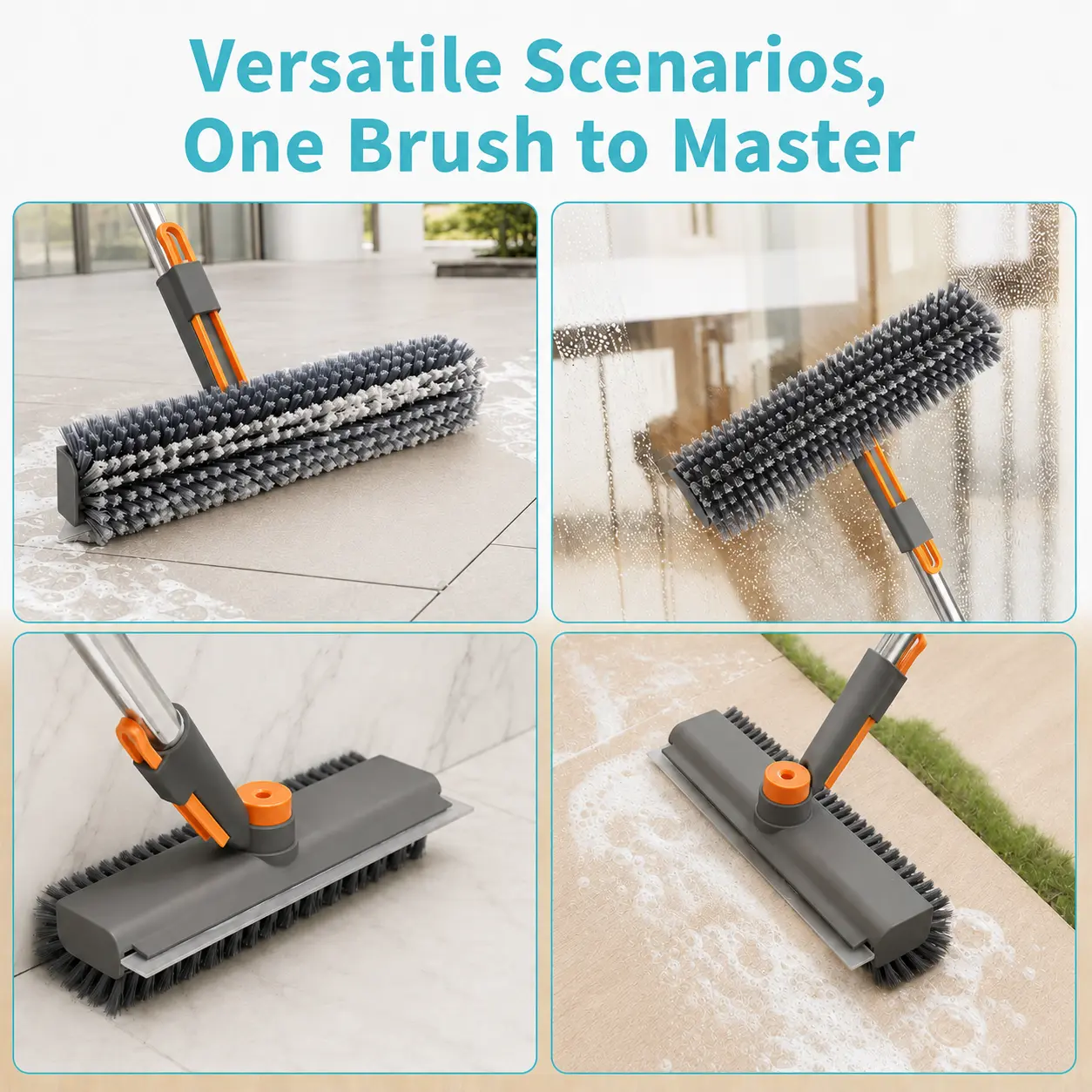 3-in-1 Adjustable Long Handle Floor Brush,Stiff Bristles and Silicone Squeegee, 360° Rotating & Click-Lock, 4 Rods for 3 Lengths, 45° No-Bend Ergonomic Design,for Bathroom, Glass, Garage, Kitchen & Pool