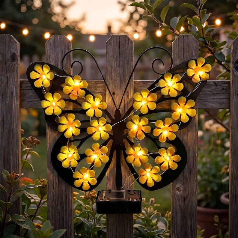 Solar Butterfly Garden Light, Metal Butterfly Wall Decor, Outdoor LED Flower Light, Yard Fence Patio Decor, Waterproof Hanging Light